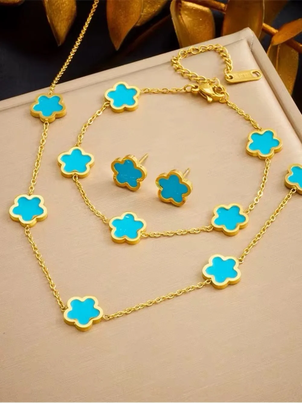 Gold-Tone Turquoise Flower Necklace & Earrings Set